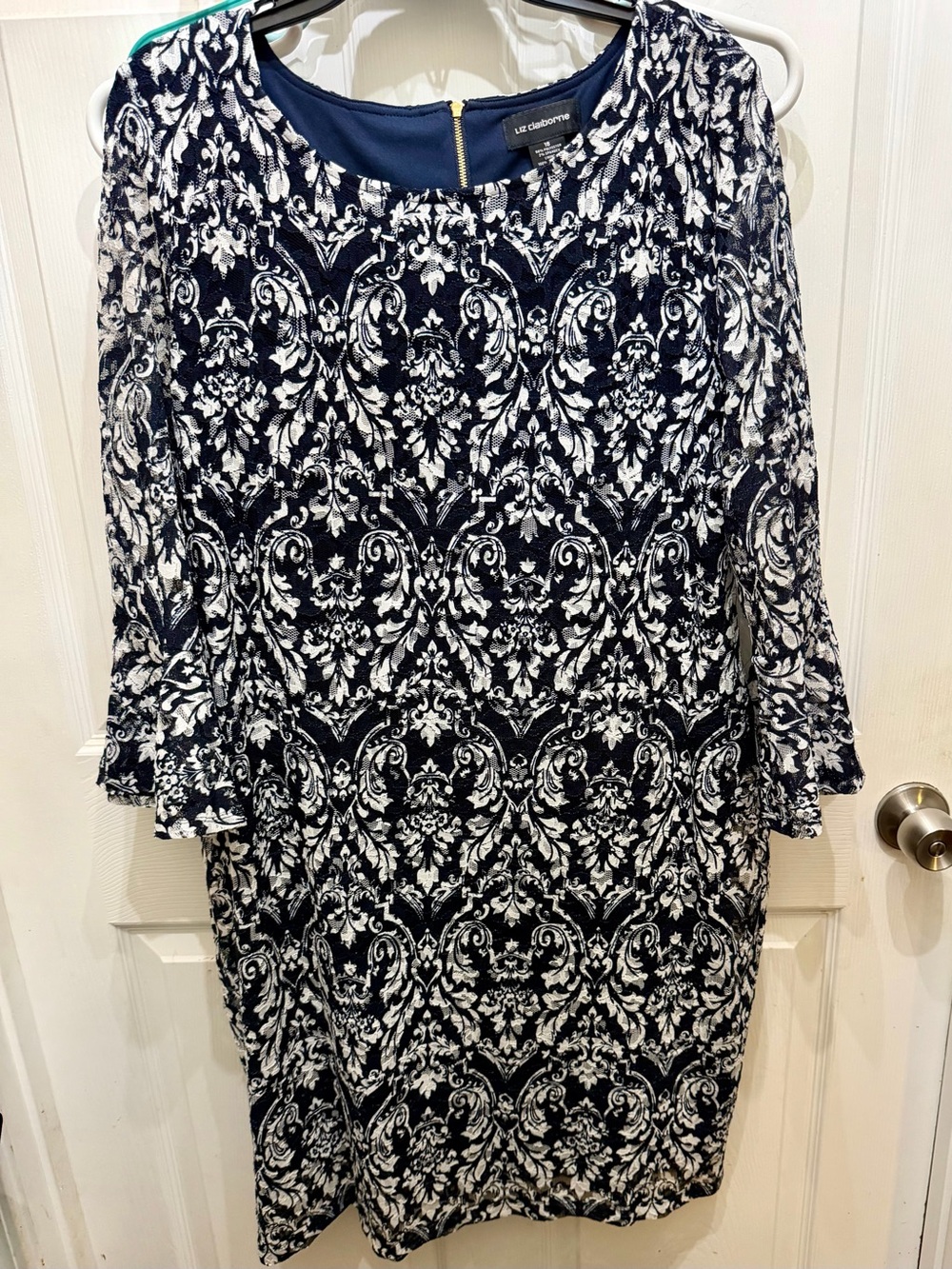 Liz Claiborne Women’s Size 18 Navy White Damask Print Dress Back Zip Luke New